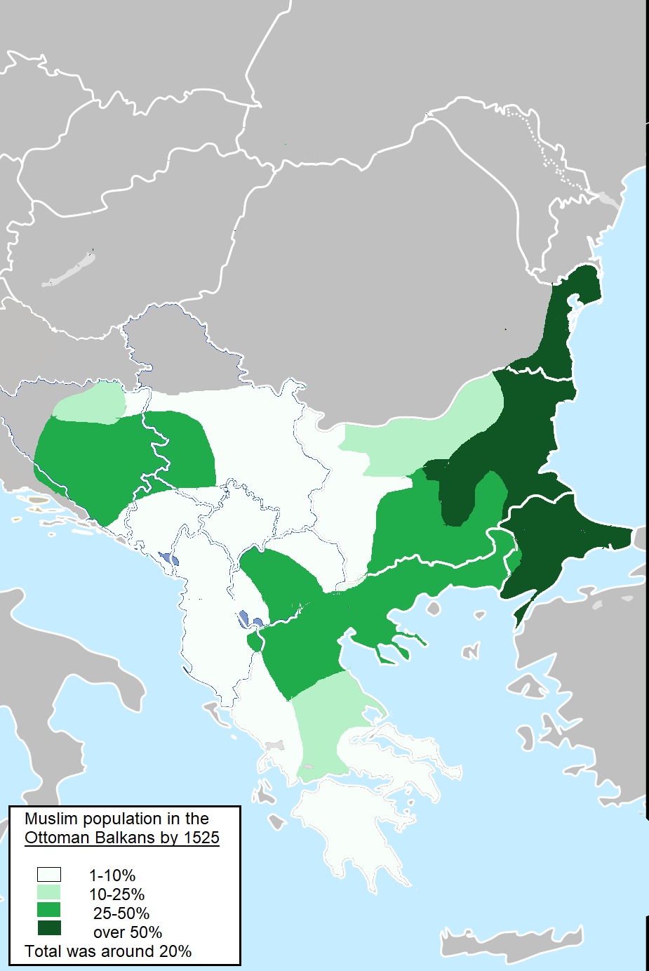 Wielkość populacji muzułmanów w południowo-wschodniej Europie do 1525 r. na podstawie osmańskich badań fiskalnych