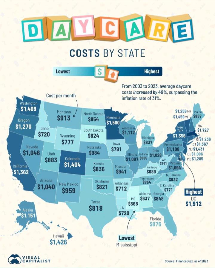 Średni dzienny koszt opieki szpitalnej w USA z podziałem na stany, 2003-2023