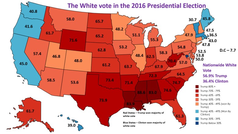 Jak głosowali biali mieszkańcy USA w wyborach prezydenckich 2016 roku (podział na stany)