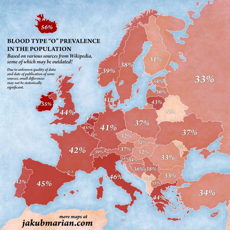 Udział grupy krwi typu 0 w poszczególnych europejskich państwach