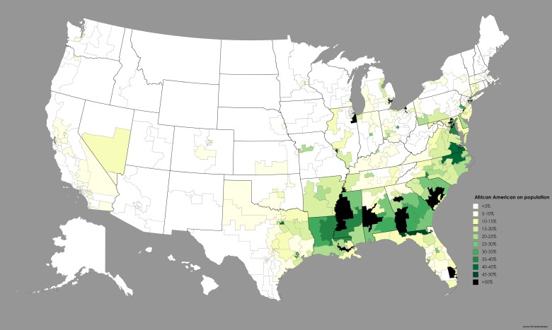 Procent afroamerykanów w poszczególnych dystryktach USA, 2016