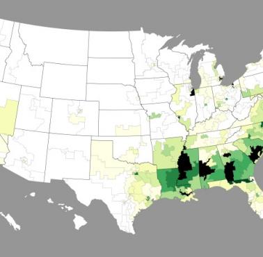 Procent afroamerykanów w poszczególnych dystryktach USA, 2016