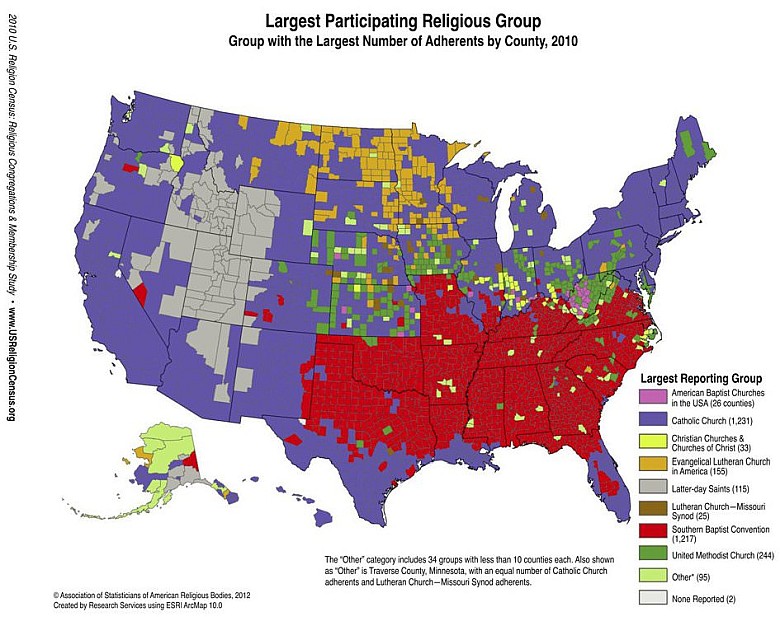 Dominująca grupa religijna w każdym hrabstwie USA, 2010