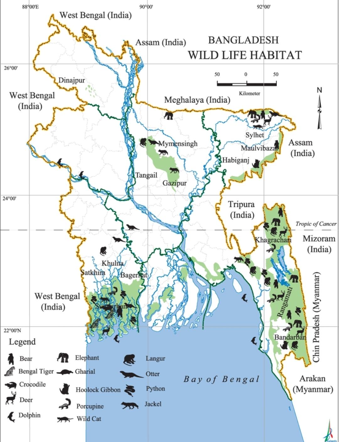 Mapa siedlisk dzikich zwierzą w Bangladeszu