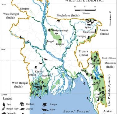 Mapa siedlisk dzikich zwierzą w Bangladeszu