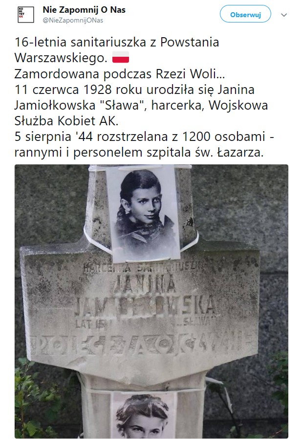 16-letnia sanitariuszka z Powstania Warszawskiego. Zamordowana podczas Rzezi Woli ... 1944