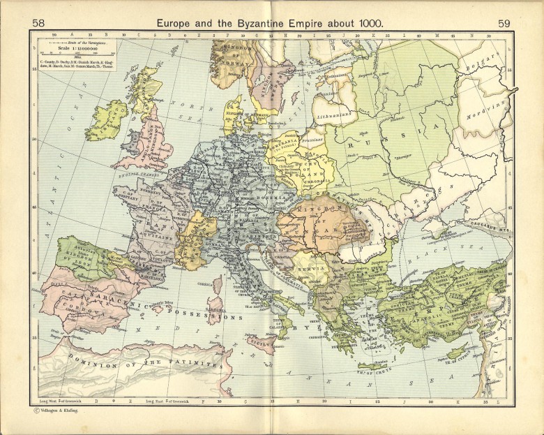 Mapa Europy z 1000 roku, istniało wtedy jeszcze Bizancjum