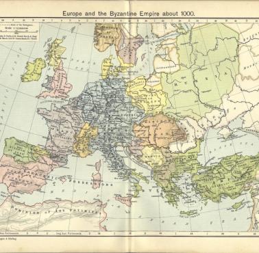 Mapa Europy z 1000 roku, istniało wtedy jeszcze Bizancjum