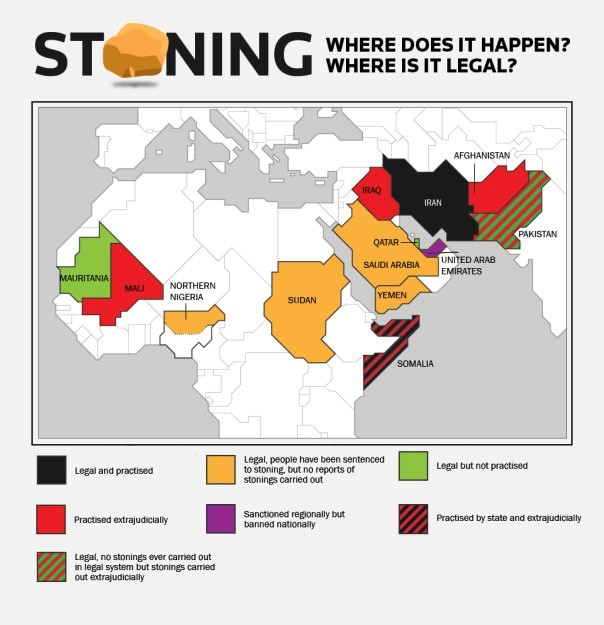 Kraje, które praktykują karę ukamienowania, 2018