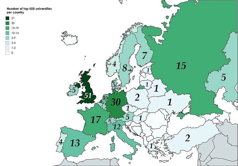 Ile uniwersytetów w zestawieniu top 500 mają poszczególne kraje Europy
