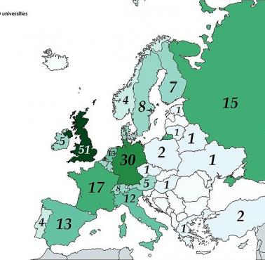 Ile uniwersytetów w zestawieniu top 500 mają poszczególne kraje Europy