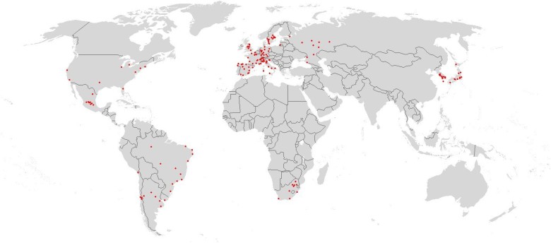 Mapa wszystkich miejsc, gdzie odbyły się Mistrzostwa Świata FIFA, 1930-2018