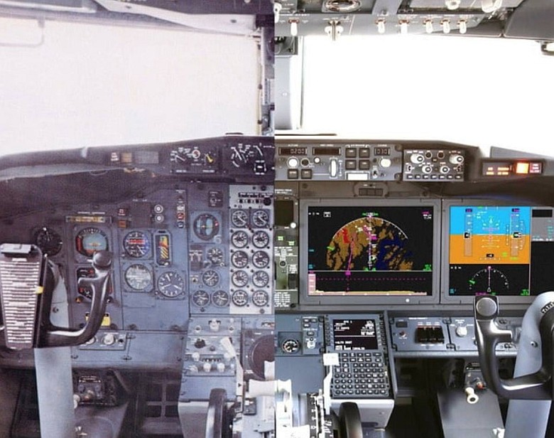 Kokpit pierwszych wersji Boeinga 737 i kokpit najnowszych modeli samolotu Boeing 737