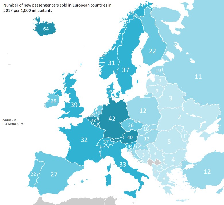 Liczba nowych samochodów osobowych sprzedawanych w Europie na 1000 mieszkańców, 2017