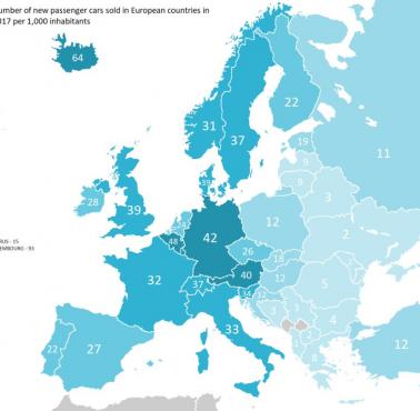 Liczba nowych samochodów osobowych sprzedawanych w Europie na 1000 mieszkańców, 2017