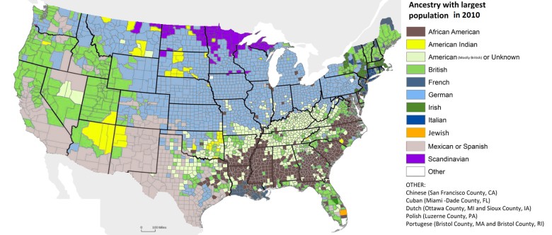 Dominujące pochodzenie mieszkańców poszczególnych hrabstw w USA, 2010