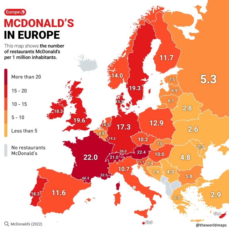 Liczba McDonaldów w Europie na 1 mln mieszkańców, 2022