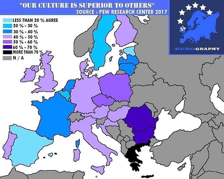 Odsetek Europejczyków, którzy uważają, że ich kultura jest lepsza od innych, 2017