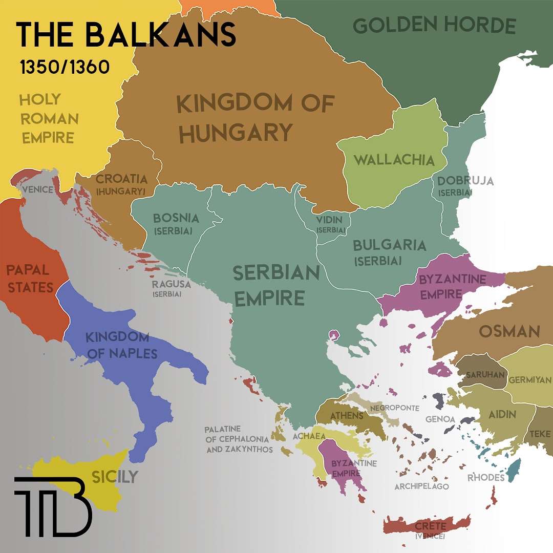 Mapa Bałkanów z 1350 roku i 1360