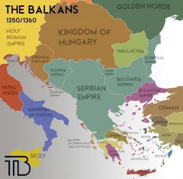 Mapa Bałkanów z 1350 roku i 1360
