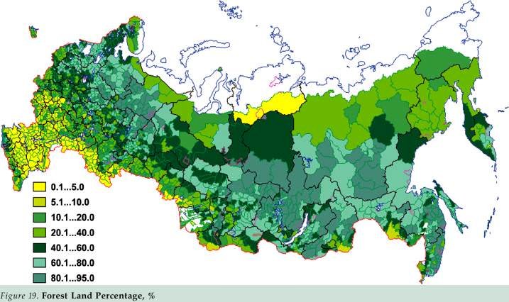 Procentowy udział lasów w regionach Federacji Rosyjskiej
