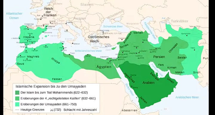 Wczesne podboje islamskie pod rządami Mahometa (622-632), kalifów Rashidun (632-661), kalifów Umajjadów (661-750)