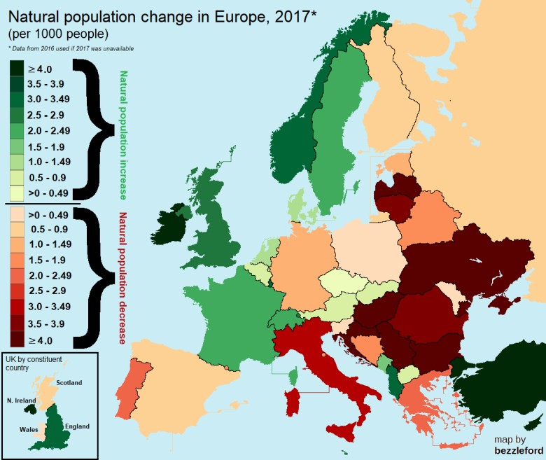 Naturalna zmiana ludności w Europie, 2017