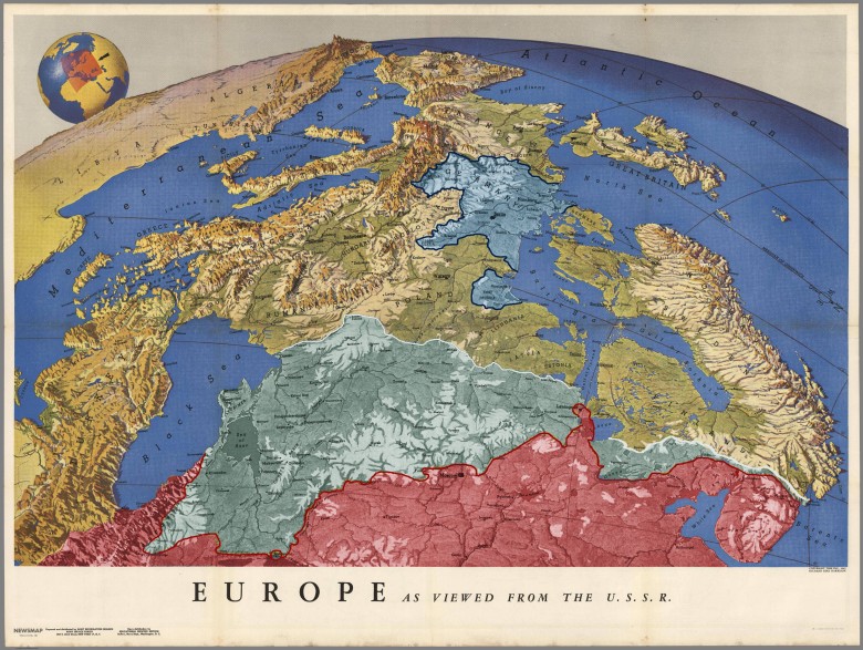 Widok na Europę od strony Rosji - ZSRR (z naniesionym zasięgiem wojsk niemieckich w 1943 roku)
