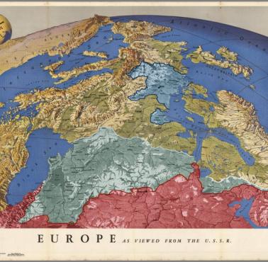 Widok na Europę od strony Rosji - ZSRR (z naniesionym zasięgiem wojsk niemieckich w 1943 roku)