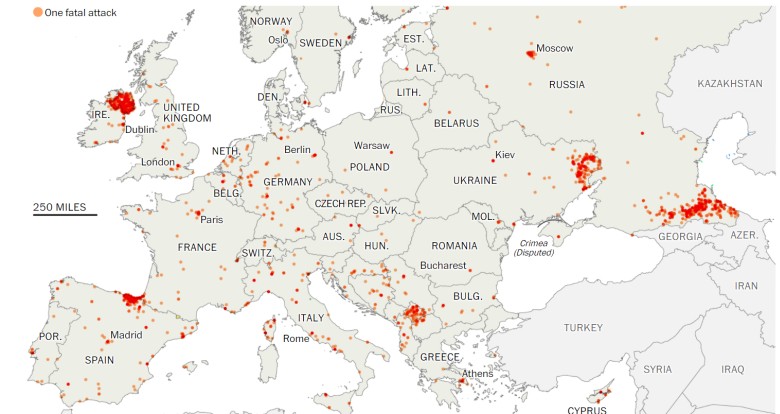 Mapa ataków terrorystycznych w Europie od 1970 do 2015 roku