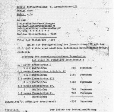 28 czerwca 1943 kierownik Centralnego Zarządu Budowlanego w obozie Auschwitz SS-Sturmbannführer Karl Bischoff przesłał pismo ...