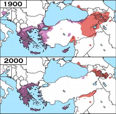 Mapa obszarów zamieszkanych przez Greków i Ormian przed ludobójstwem i dzisiaj