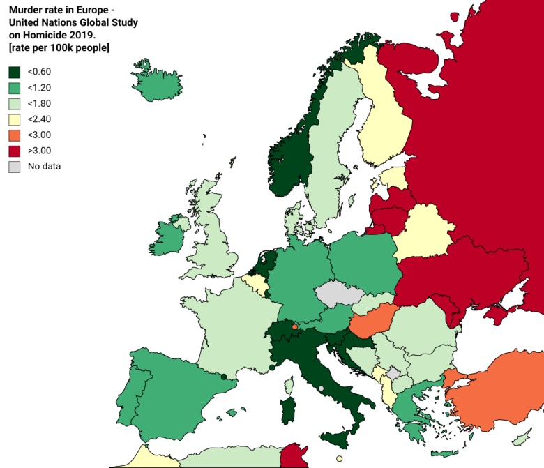 Wskaźnik zabójstw w Europie na 100 tys. mieszkańców, 2019