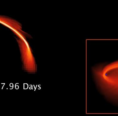 Supermasywna czarna dziura (masa 3 milionów Słońc) oddalona o 2,7 miliarda lat świetlnych wchłania gwiazdę (animacja HD)