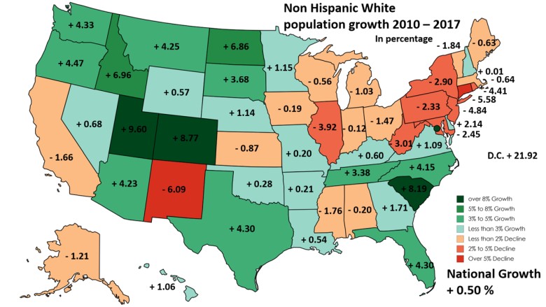 Biała populacja wzrost według stanu 2010 - 2017, USA