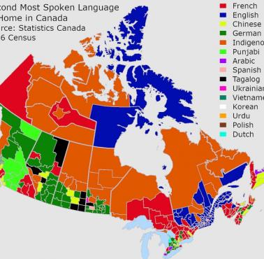 Najpopularniejszy drugi język w domach w Kanadzie z podziałem na regiony, 2016