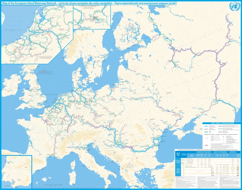 Szczegółowa mapa żeglownych śródlądowych dróg wodnych w Europie, 2012