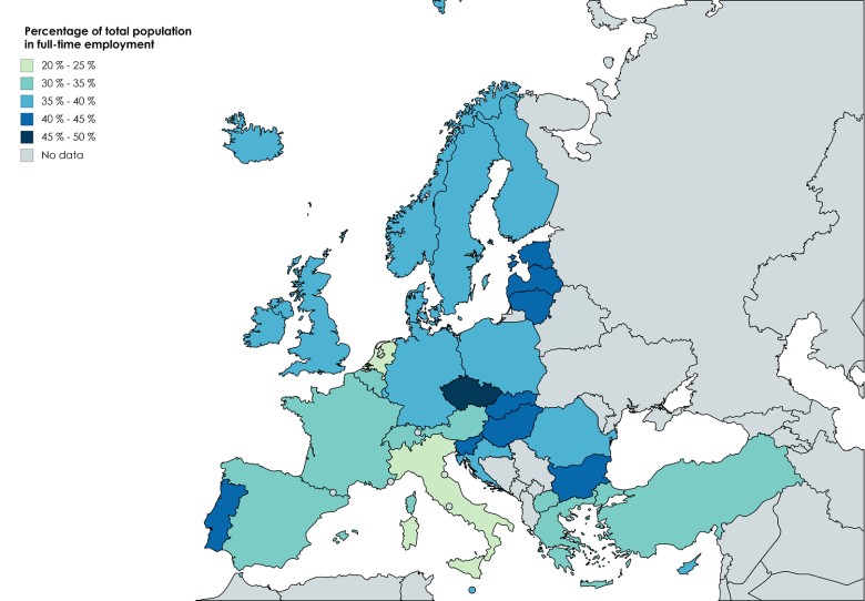 Procent populacji krajów europejskich zatrudnionych w pełnym wymiarze godzin