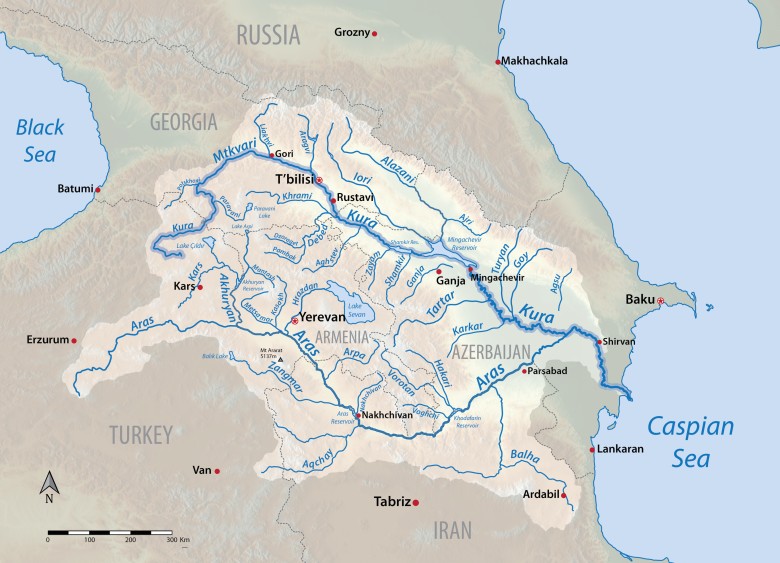 Mapa systemu rzecznego Kury (Mtkvari) w Armenii, Azerbejdżanie, Gruzji, Iranie i Turcji