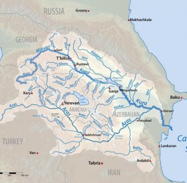 Mapa systemu rzecznego Kury (Mtkvari) w Armenii, Azerbejdżanie, Gruzji, Iranie i Turcji