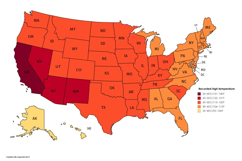 Najwyższa zarejestrowana wysoka temperatura w USA (według stanów)