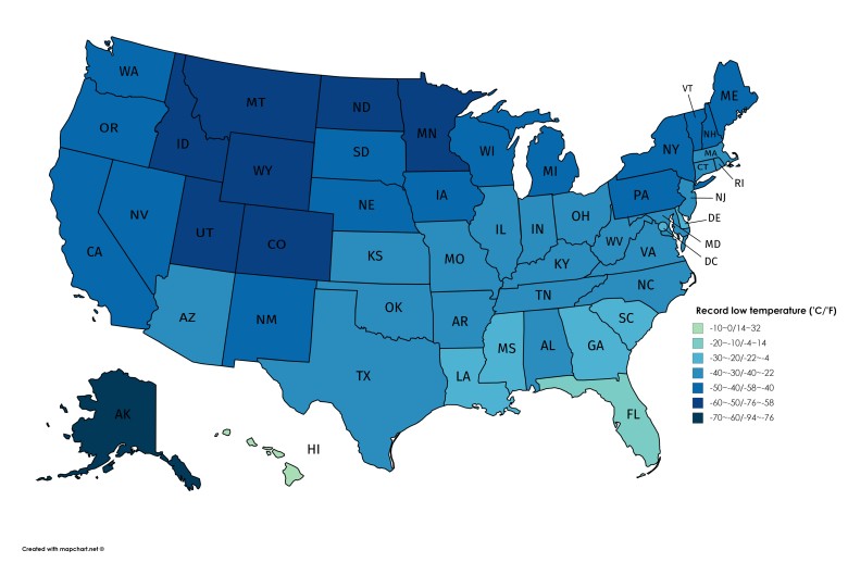 Najniższa zarejestrowana temperatura w USA (według stanów)
