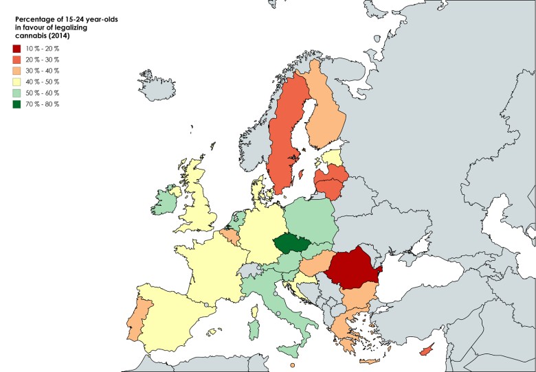 Odsetek 15-24-letnich obywateli UE opowiadających się za legalizacją konopi indyjskich (marihuany), 2014