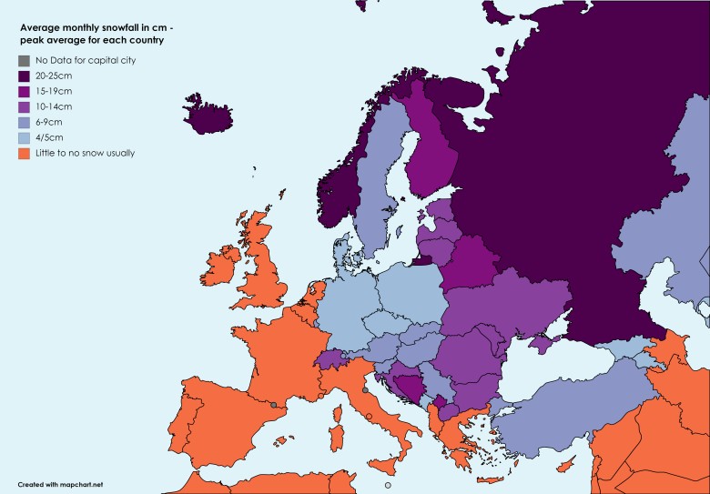 Średnie miesięczne opady śniegu - średni najwyższy opad w stolicy każdego kraju w Europie