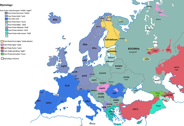 Słowo osiem w różnych europejskich językach