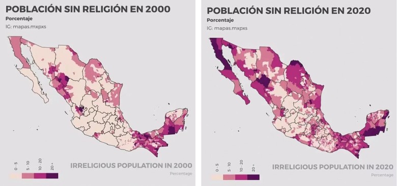 Odsetek ateistów i agnostyków (laicyzacja) w poszczególnych regionach Meksyku, 2000 vs. 2022