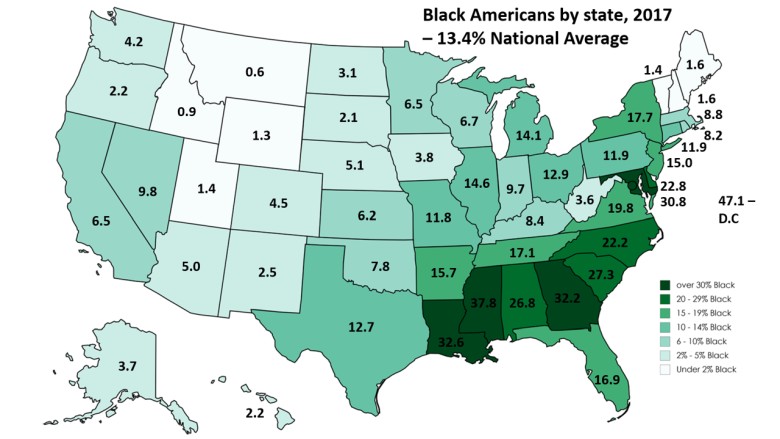 Odsetek czarnoskórych mieszkańców USA w poszczególnych stanach, 2017