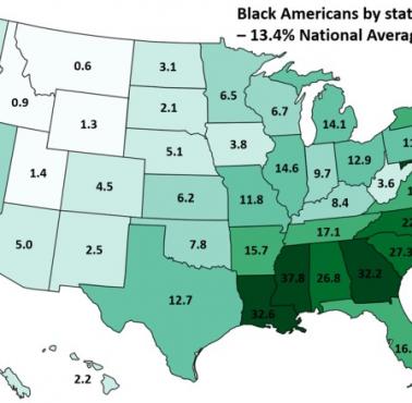 Odsetek czarnoskórych mieszkańców USA w poszczególnych stanach, 2017