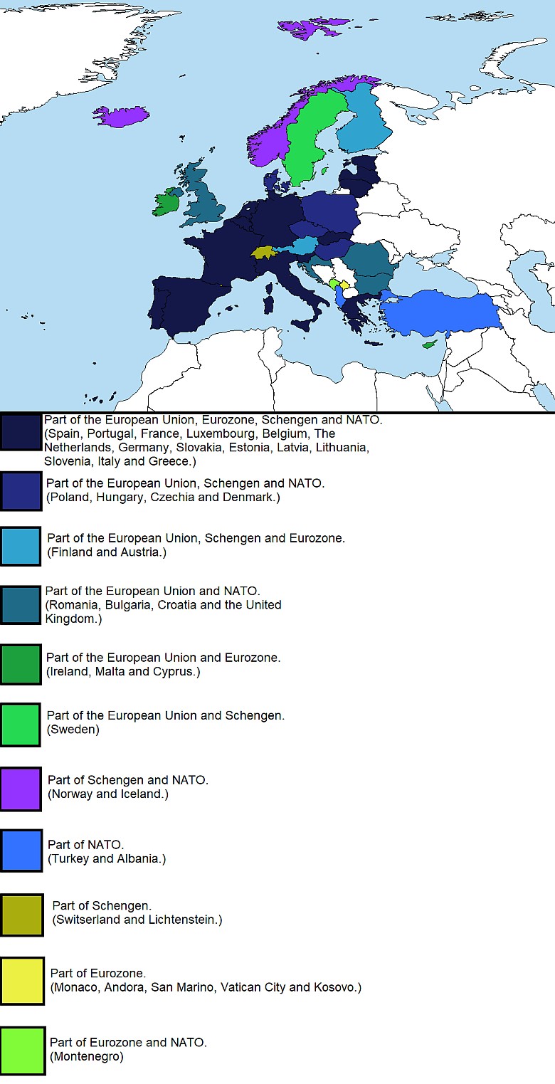 Cztery odrębne porozumienia w Europie - NATO, UE, Schengen, strefa euro