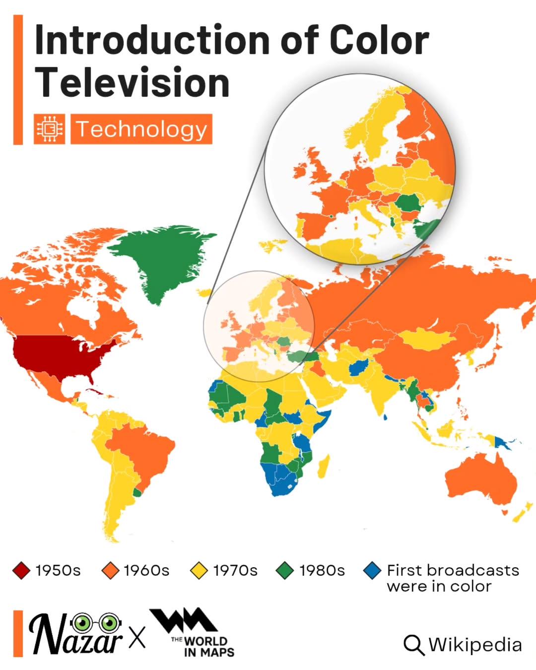 Lata wprowadzenia telewizji kolorowej
